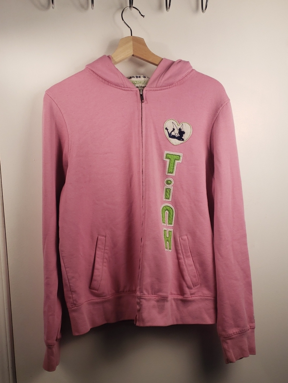 Vintage Y2k Disney Pink Tinkerbell Zip-Up Hoodie with Green Accents Size Large